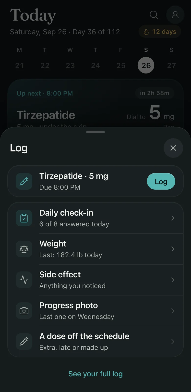 Claritide on iPhone, the Log sheet: tonight’s tirzepatide shot with a Log button, then the daily check-in, weight, side effect, progress photo and a dose off the schedule.