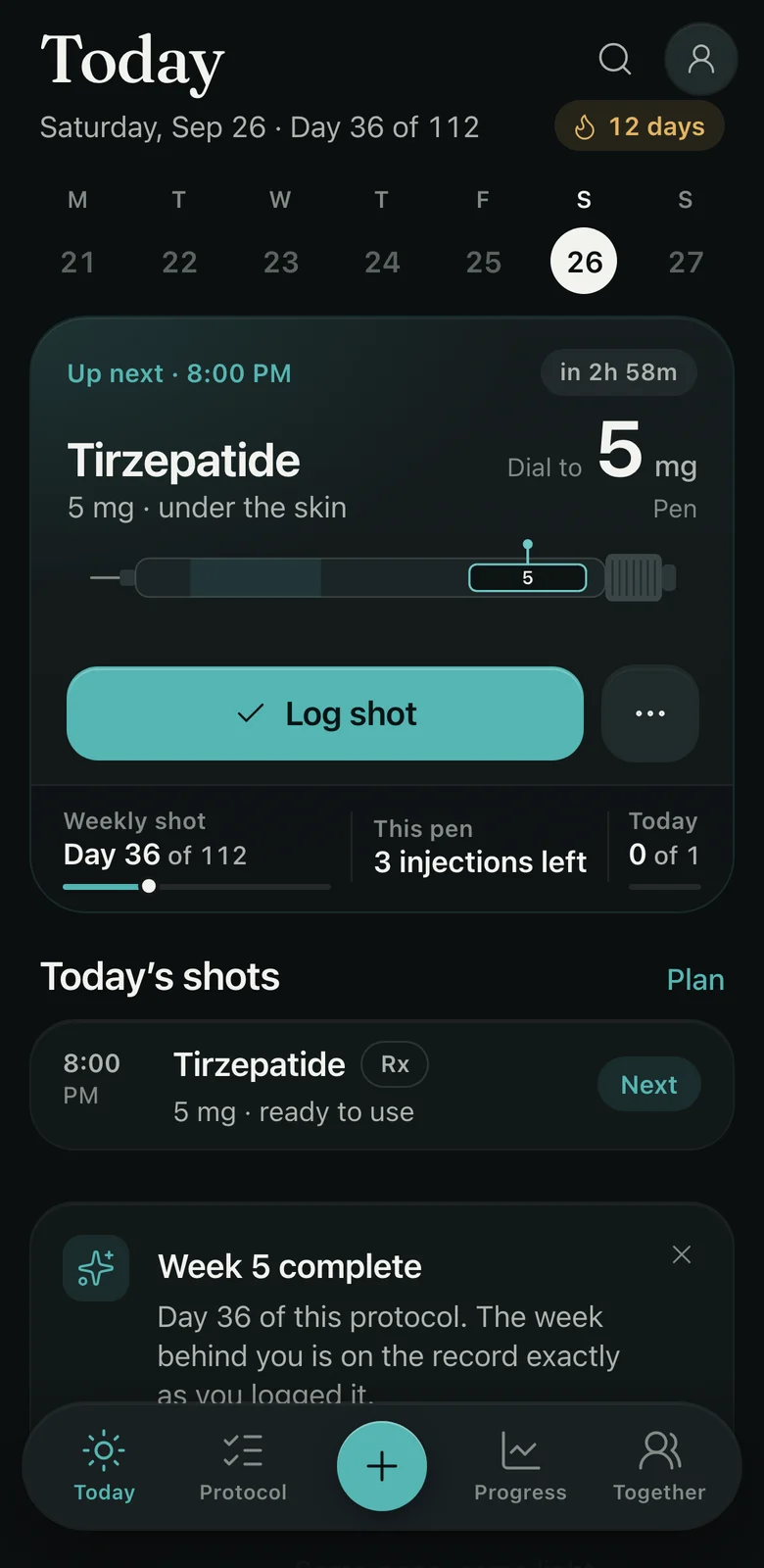 Claritide on iPhone, the Today screen with a weekly GLP-1 pen: up next at 8:00 PM, tirzepatide 5 mg under the skin, dial to 5 mg, a Log shot button, and 3 injections left in this pen.