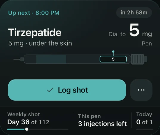 Up next at 8:00 PM: tirzepatide, 5 mg under the skin. Dial the pen to 5 mg. Weekly shot, day 36 of 112, with 3 injections left in this pen.