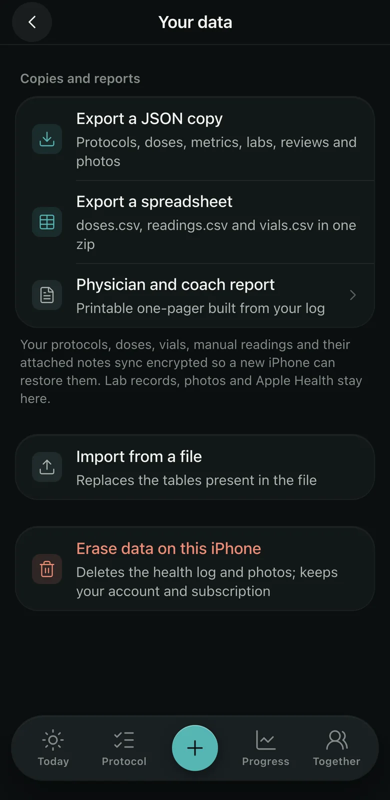 Claritide on iPhone, Your data: export a JSON copy, export a spreadsheet, or print a one-page report for your doctor.