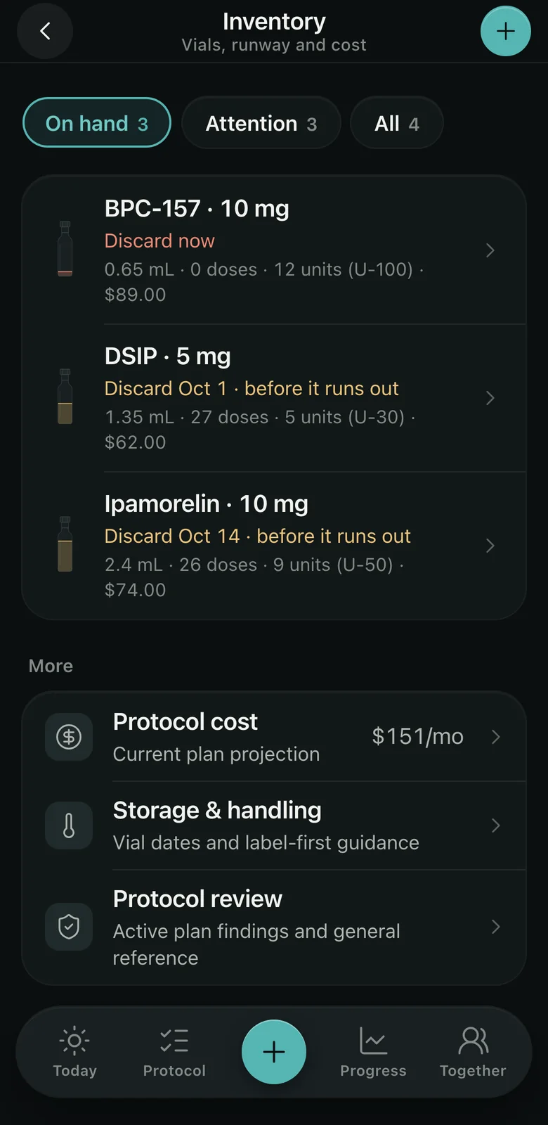 Claritide on iPhone, the vial inventory: three vials with the doses left in each and the date each one should be thrown out.