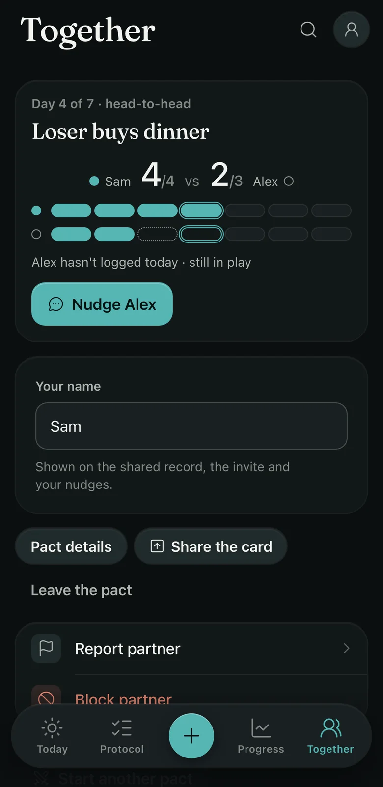 Claritide on iPhone, the Together screen: a seven-day challenge between two friends, four days in.