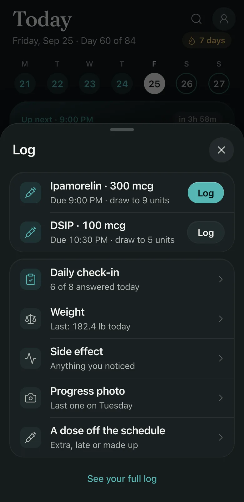Claritide on iPhone, the Log sheet: tonight’s two doses, each with a Log button, then check-in, weight, side effect and progress photo.
