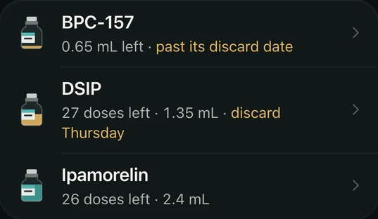 Supplies: BPC-157 is past its discard date, DSIP has 27 doses left and should be thrown out Thursday, ipamorelin has 26 doses left.