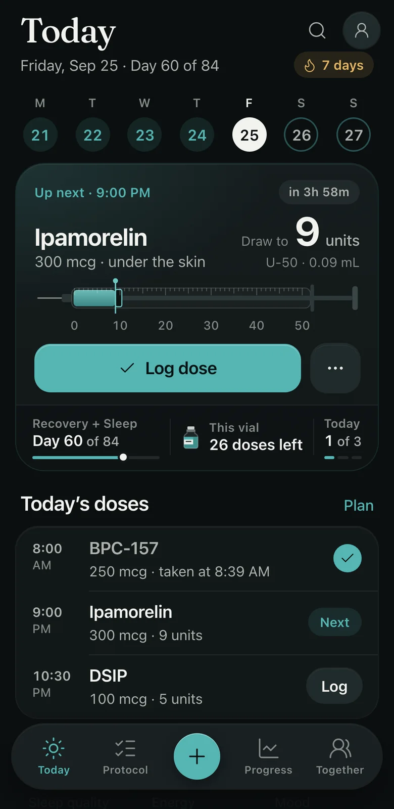 Claritide on iPhone, the Today screen: the week, the next dose with the units to draw on the syringe, and today’s doses.
