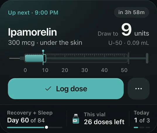 Up next at 9:00 PM: ipamorelin, 300 mcg under the skin. Draw to 9 units on a U-50 syringe, 0.09 mL, with the plunger drawn to the mark.